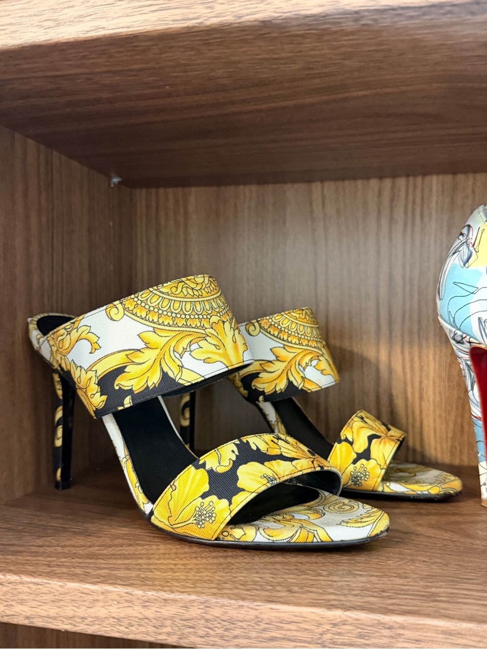 authentic Versace Yellow Baroque Print High Heel Slide Sandals size 37